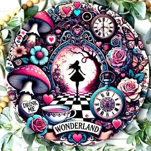 Alice in wonderland metal sign for Wreaths, Welcome sign, tea time heart flowers